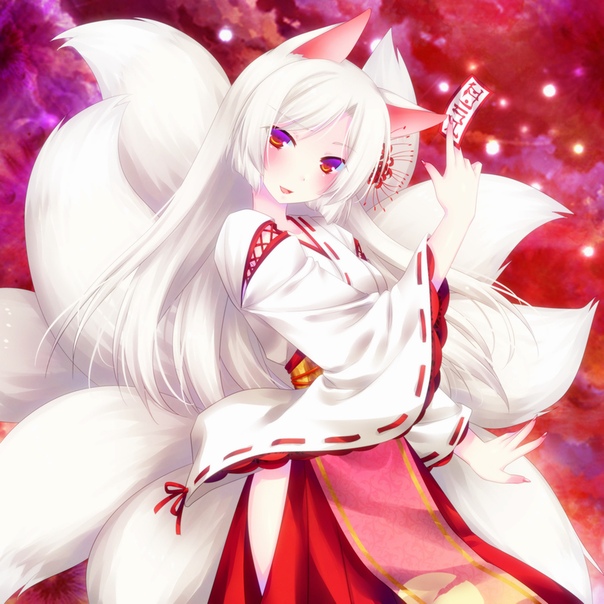 Anime fox girl with white hair