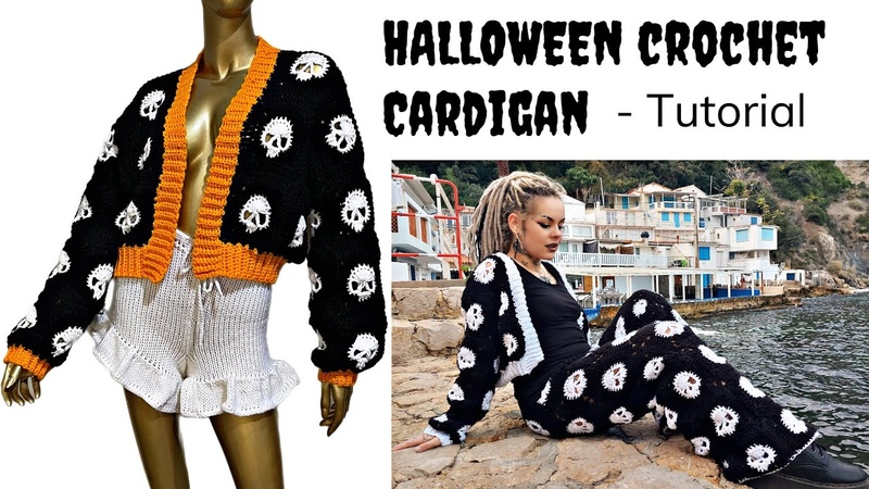 Halloween crochet cardigan, ghostober crochet cardigan, crochet skull granny square