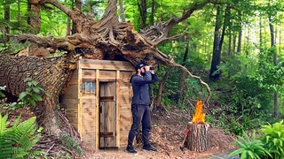 Building a fairytale hut in the roots of a fallen tree